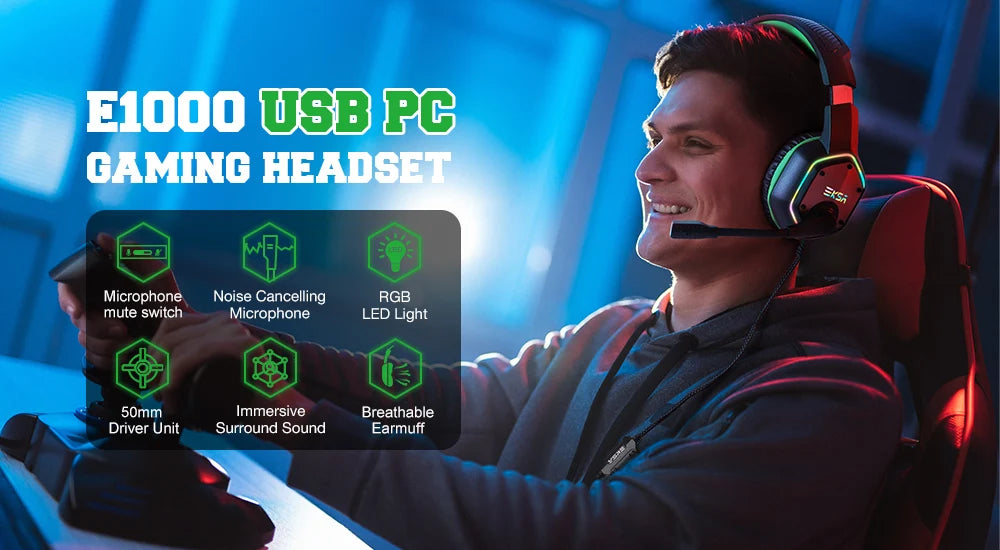 Gaming Headphones For PC/PS4/PS5 EKSA E1000 7.1 Surround RGB Gaming Headset Gamer USB Wired Headphones with Noise Cancelling Mic