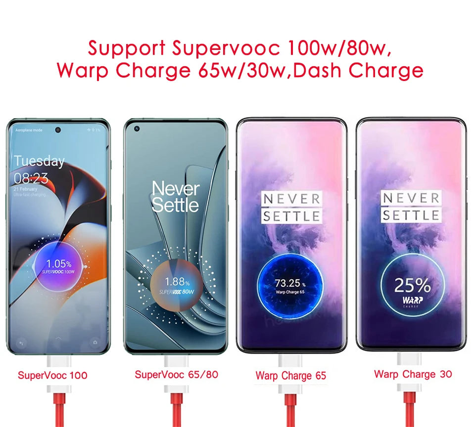 Original OnePlus Charger Supervooc 100W Type-A Power Adapter EU US Super Fast Type C Cable 12 11 10 for Realme Oppo Phone