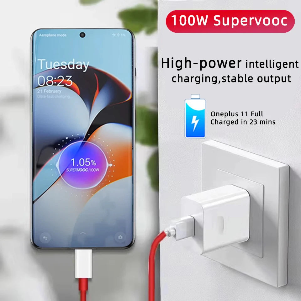 Original OnePlus Charger Supervooc 100W Type-A Power Adapter EU US Super Fast Type C Cable 12 11 10 for Realme Oppo Phone